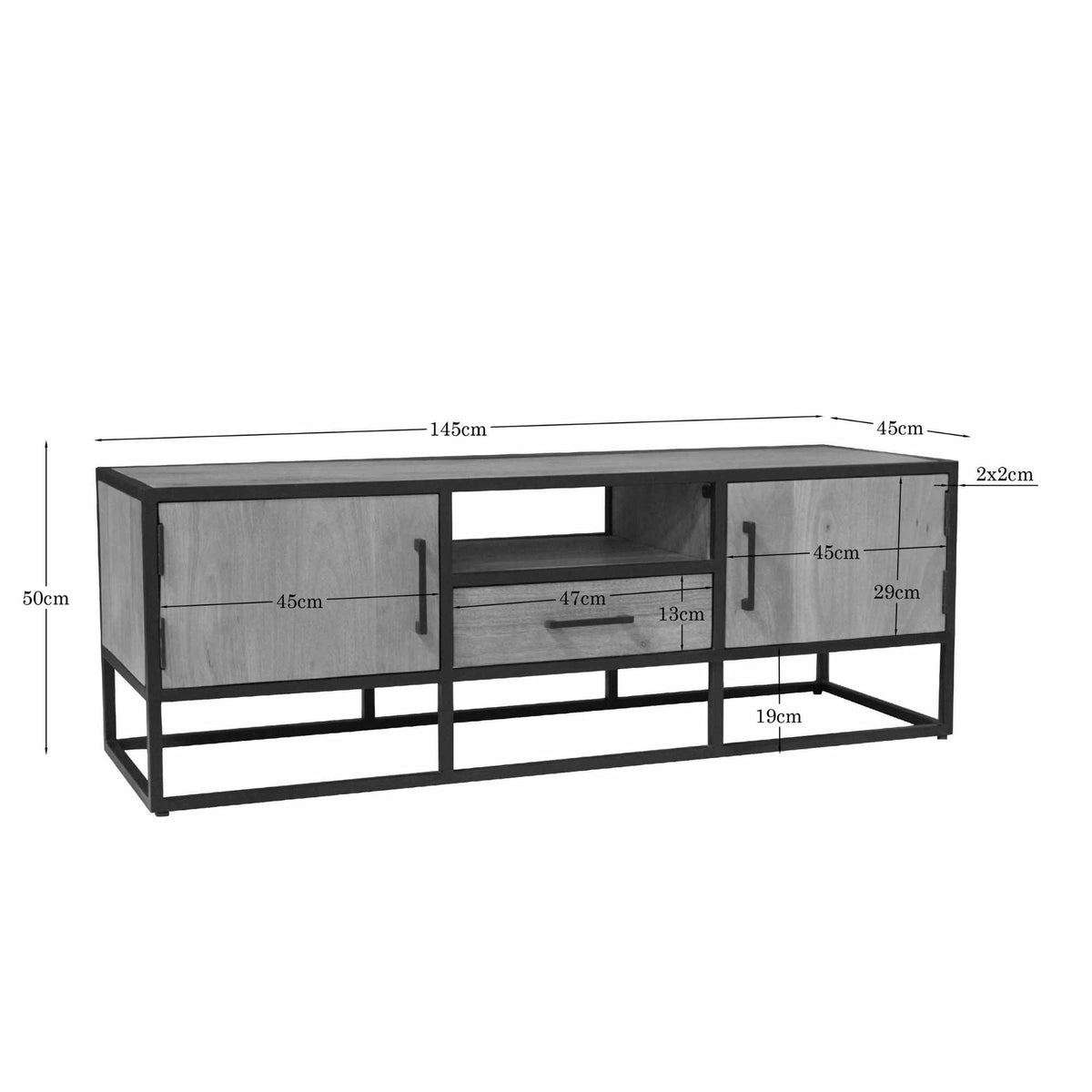 TV Unit – Light Mango Wood, Black Metal, Modern Wood Inlay – Dakota | Starfurn