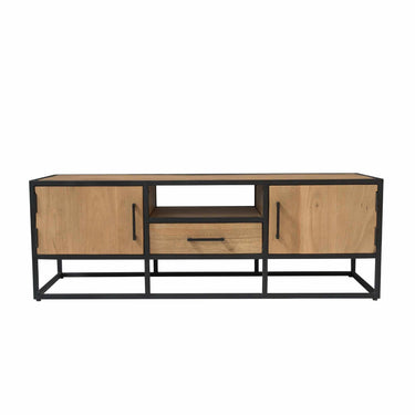 TV Unit – Light Mango Wood, Black Metal, Modern Wood Inlay – Dakota | Starfurn