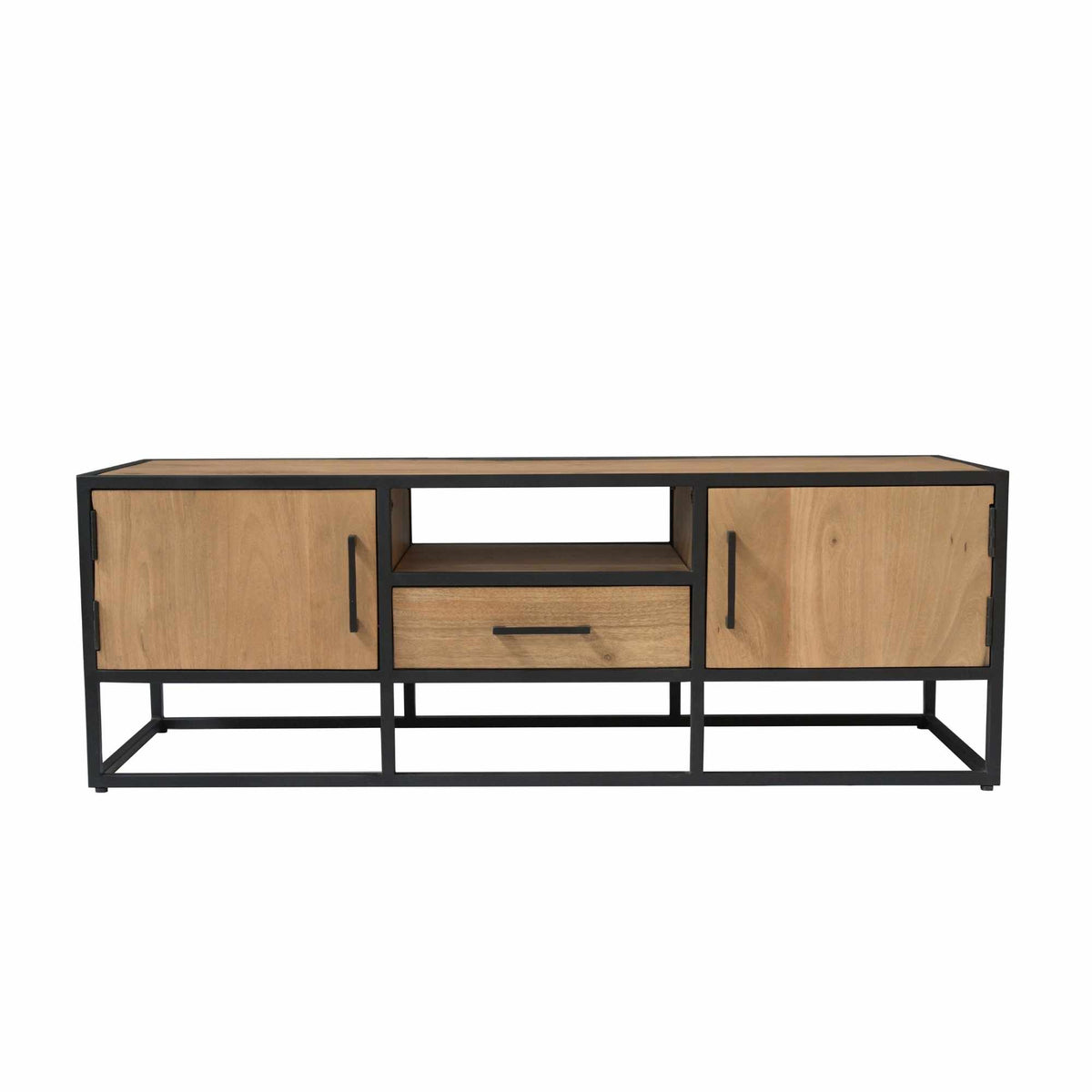 TV Unit – Light Mango Wood, Black Metal, Modern Wood Inlay – Dakota | Starfurn