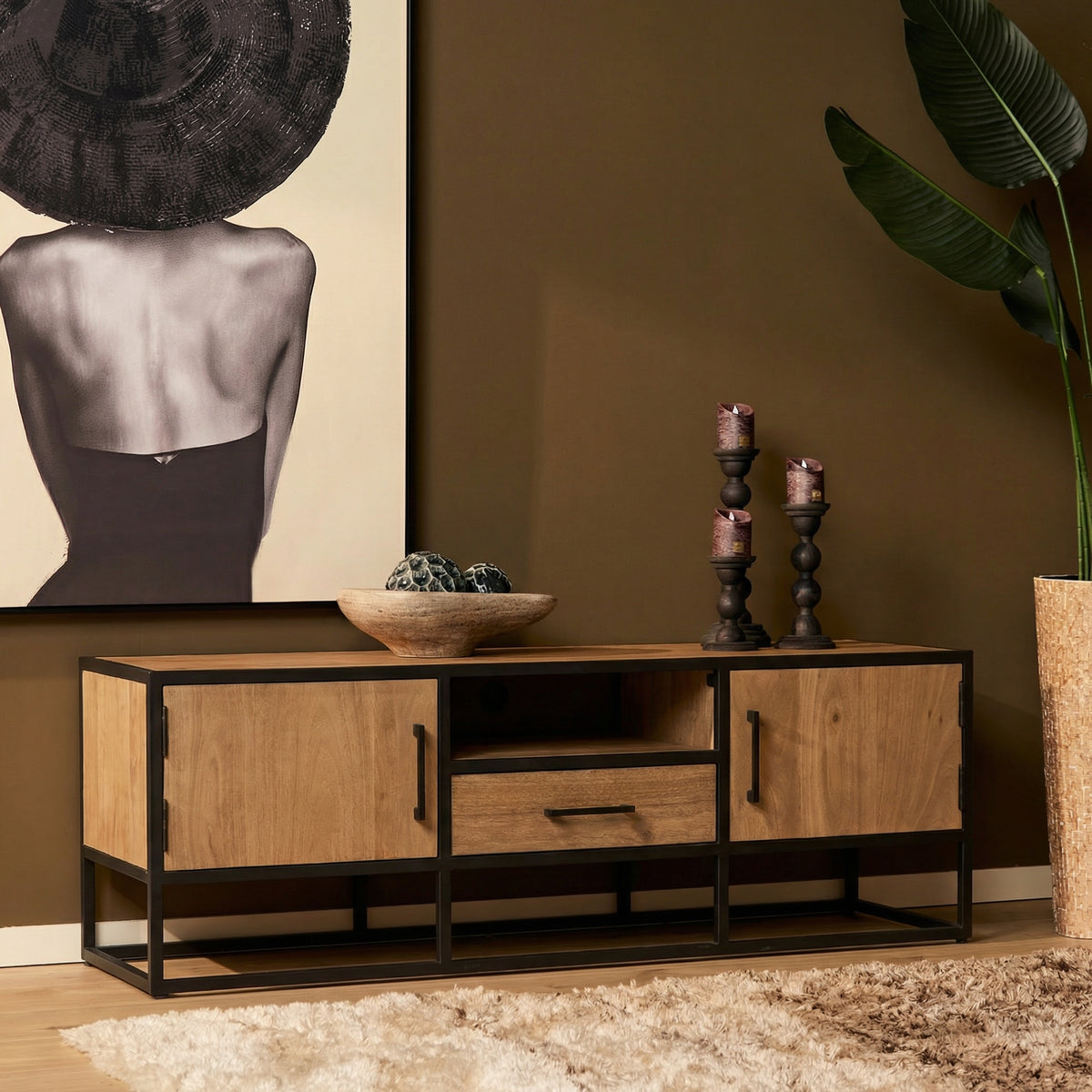 TV Unit – Light Mango Wood, Black Metal, Modern Wood Inlay – Dakota | Starfurn