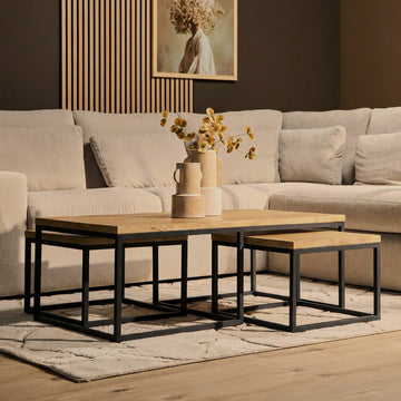 Couchtisch – Helles Mangoholz, Schwarzes Metall, 3er-Set – Dakota | Starfurn