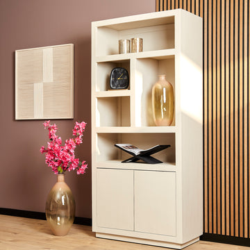 Bücherregal - Sandfarbenes Mangoholz, Offene Fächer, Grifflose Türen, 90 cm – Brussel | Starfurn