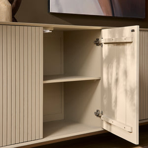 Sideboard - Sandfarbenes Mangoholz, Vertikale Lamellenfront, Bronzefarbenes Metallgestell, 210 cm – Madison | Starfurn
