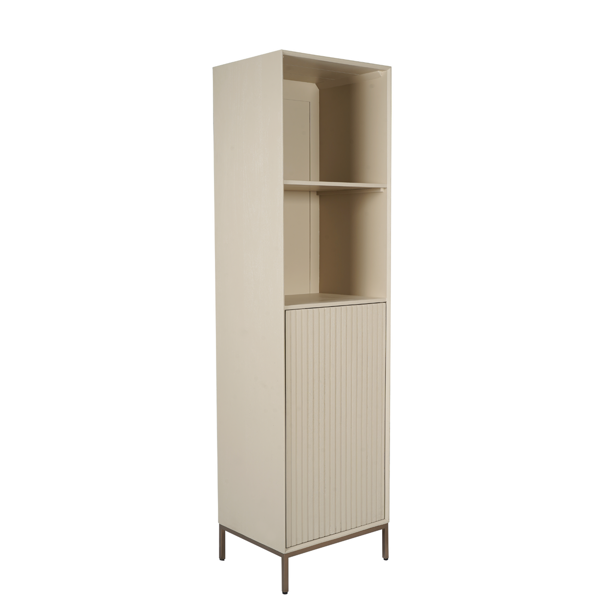 Bücherregal - Sandfarbenes Mangoholz, Vertikale Lamellenfront, Bronzefarbenes Metallgestell, 55 cm – Madison | Starfurn