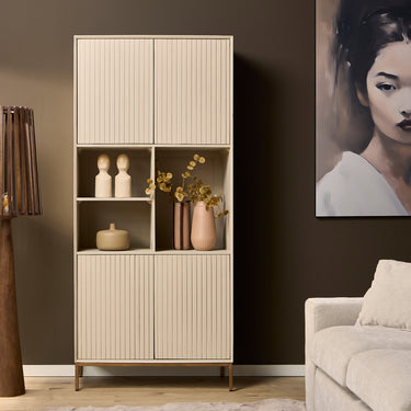 schrank - Sandfarbenes Mangoholz, Vertikale Lamellenfront, Bronzefarbenes Metallgestell, 90 cm – Madison | Starfurn