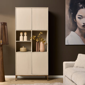Schrank - Sandfarbenes Mangoholz, Vertikale Lamellenfront, Bronzefarbenes Metallgestell, 90 cm – Madison | Starfurn