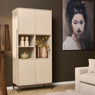Schrank - Sandfarbenes Mangoholz, Vertikale Lamellenfront, Bronzefarbenes Metallgestell, 90 cm – Madison | Starfurn