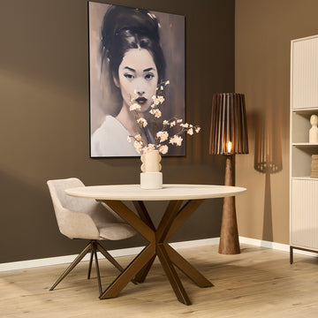 Esszimmertisch - Runde Form, Sandfarbenes Mangoholz, Bronzefarbenes Metallgestell, 150 cm – Madison | Starfurn