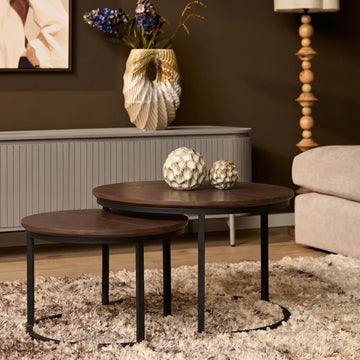 Couchtisch - Walnussfarbene Eiche, Runde Form, Metallgestell, 2er-Set, 70 cm – Otik | Starfurn