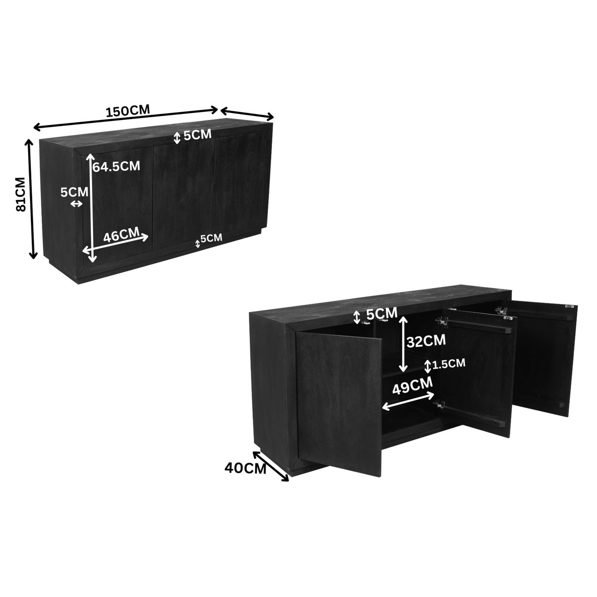 Sideboard - Schwarzes Mangoholz, Grifflose Türen, Geradliniges Design, 150 cm – Brussel | Starfurn