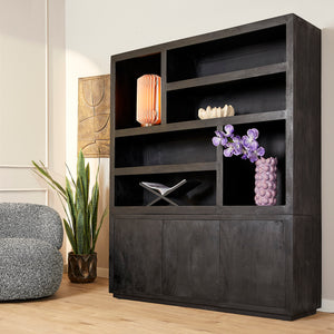Bücherregal - Schwarzes Mangoholz, Offene Fächer, Grifflose Türen, XL 160 cm – Brussel | Starfurn