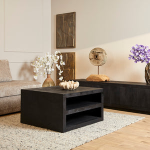 Coffee table – mango wood, black finish, storage compartments – Brussel | Starfurn