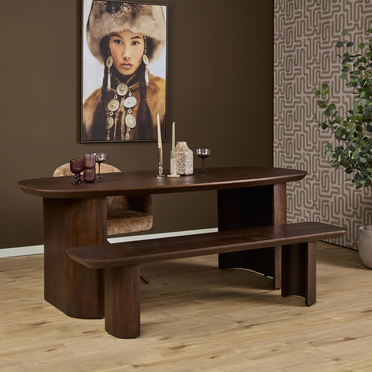 Dining Bench – Mango Wood, Brown Color, Half-Round Legs – Maré | Starfurn