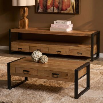 Coffee Table – Mango Wood, Black Metal, Natural Finish – Britt | Starfurn