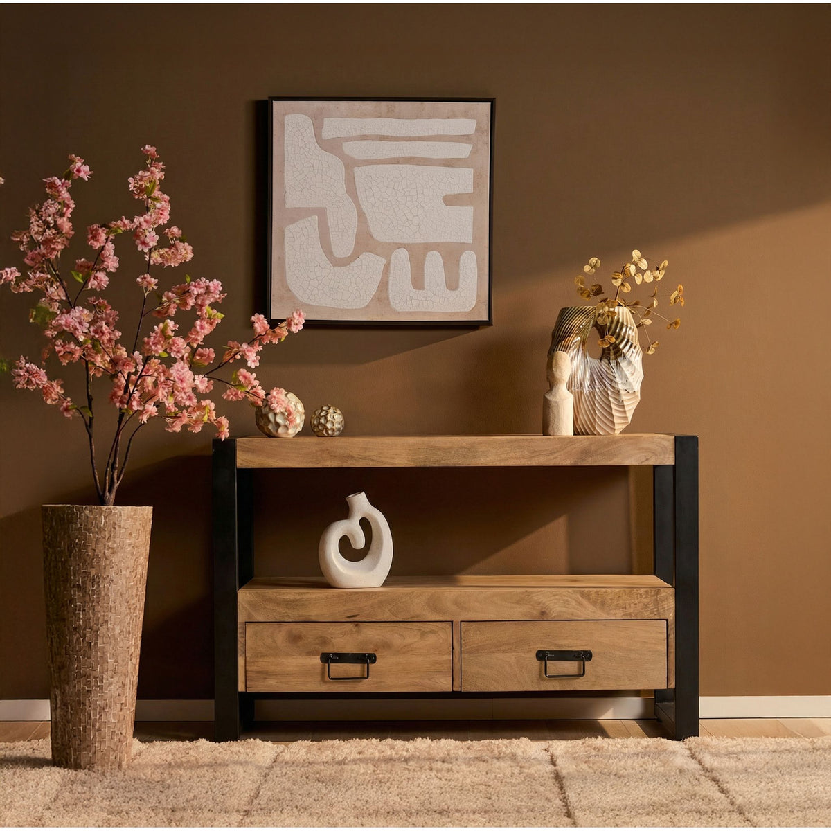 TV Unit – Mango Wood, Metal Frame, Wooden Slats – Britt | Starfurn