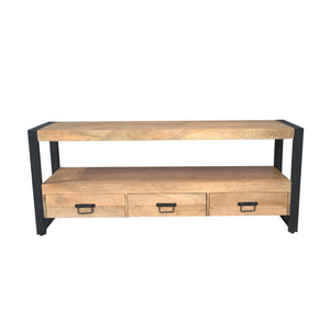 TV Unit – Solid Mango Wood, Black Metal Frame, Open Compartment – Britt | Starfurn
