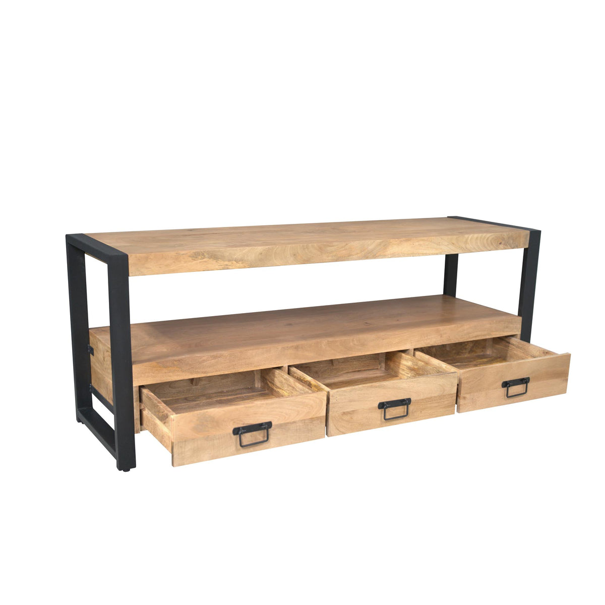 TV Unit – Solid Mango Wood, Black Metal Frame, Open Compartment – Britt | Starfurn