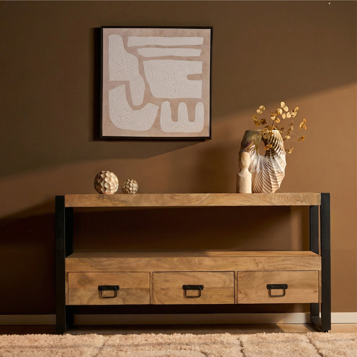 TV Unit – Solid Mango Wood, Black Metal Frame, Open Compartment – Britt | Starfurn