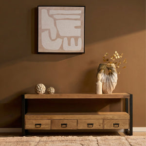 TV Unit – Mango Wood, Wood Strips, Metal Frame – Britt | Starfurn