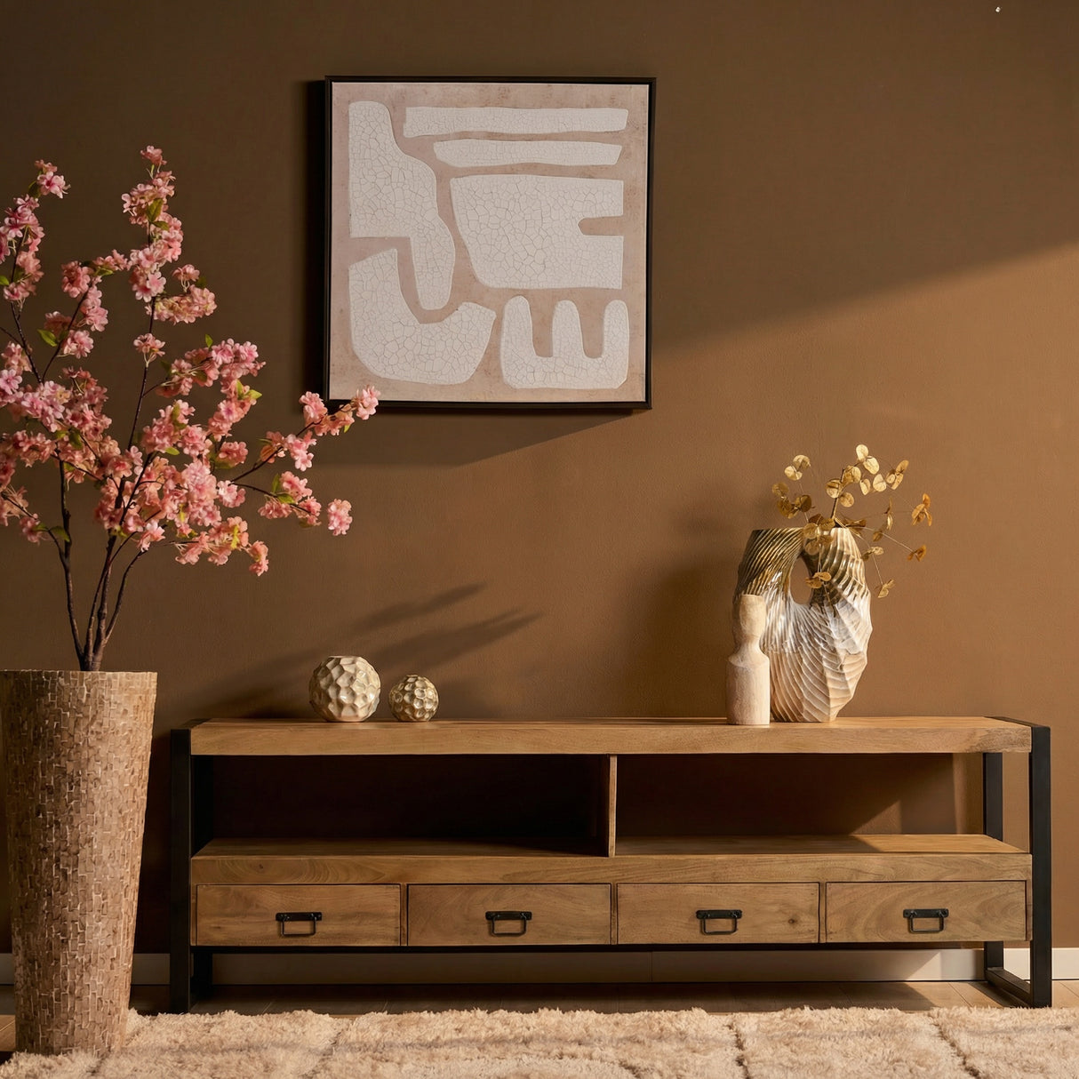 TV Unit – Mango Wood, Metal Frame, Wooden Slats – Britt | Starfurn