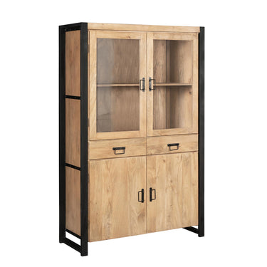 Display Cabinet – Light Mango Wood, Black Metal, Modern Wood Inlay – Britt | Starfurn