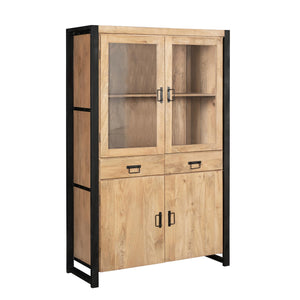 Display Cabinet – Light Mango Wood, Black Metal, Modern Wood Inlay – Britt | Starfurn