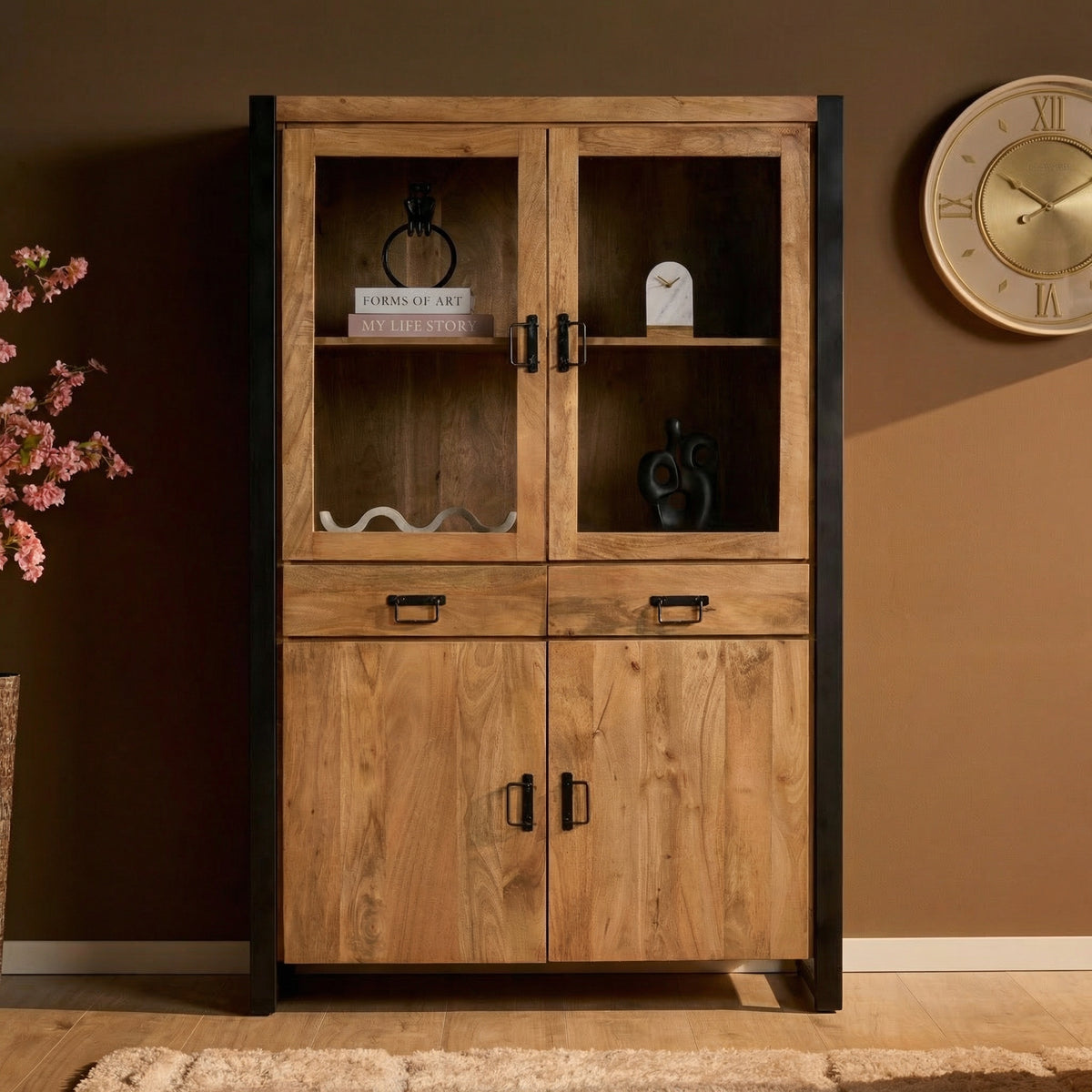 Display Cabinet – Light Mango Wood, Black Metal, Modern Wood Inlay – Britt | Starfurn