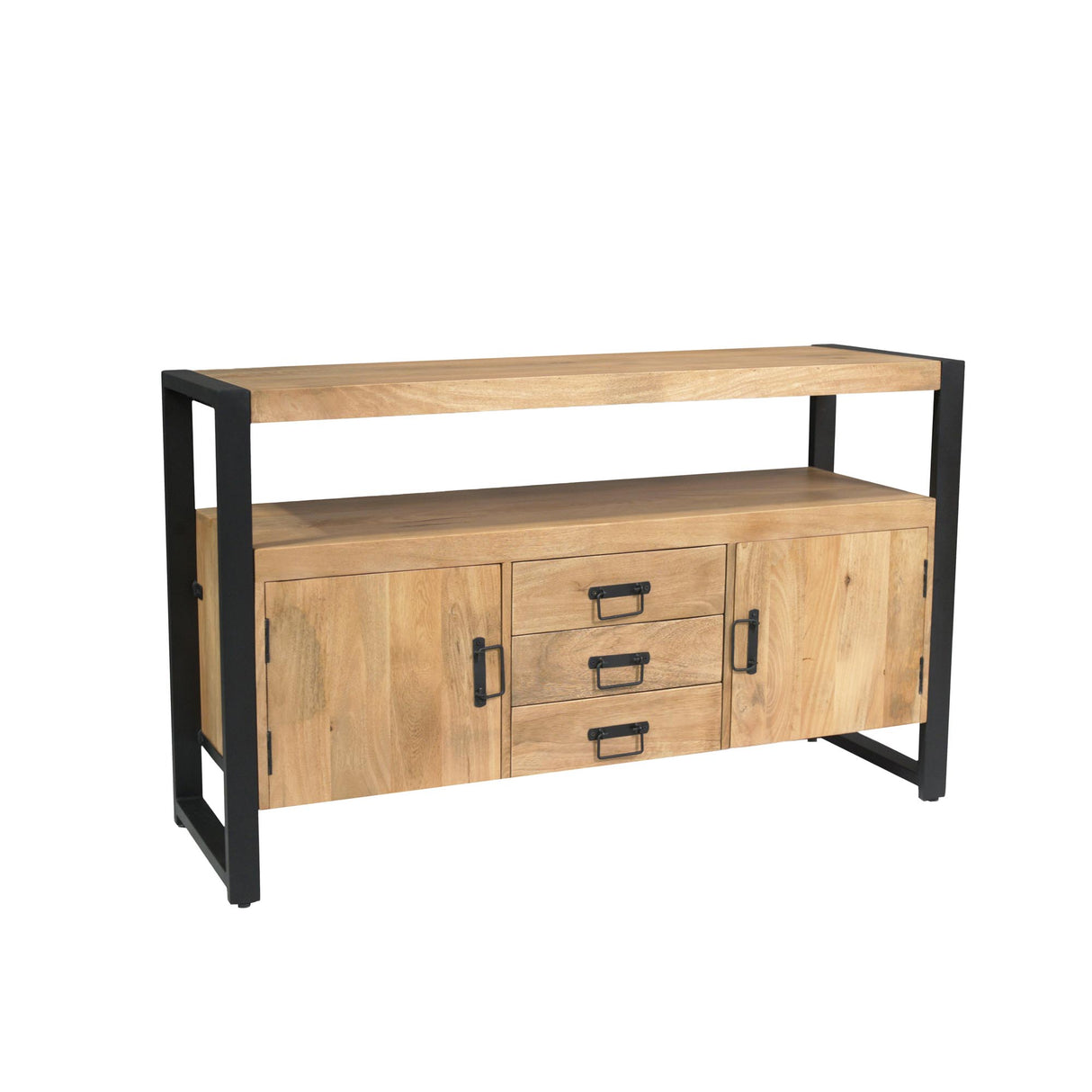 Sideboard – Mango Wood Material, Black Metal Frame, Striped Wood Design – Britt | Starfurn