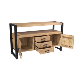 Sideboard – Mango Wood Material, Black Metal Frame, Striped Wood Design – Britt | Starfurn