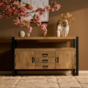 Sideboard – Mango Wood Material, Black Metal Frame, Striped Wood Design – Britt | Starfurn
