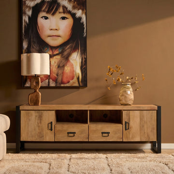 TV Unit – Mango Wood, Metal Frame, Doors and Drawers – Britt | Starfurn