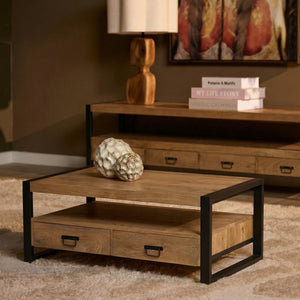 Coffee table – mango wood, metal frame, drawers – Britt | Starfurn