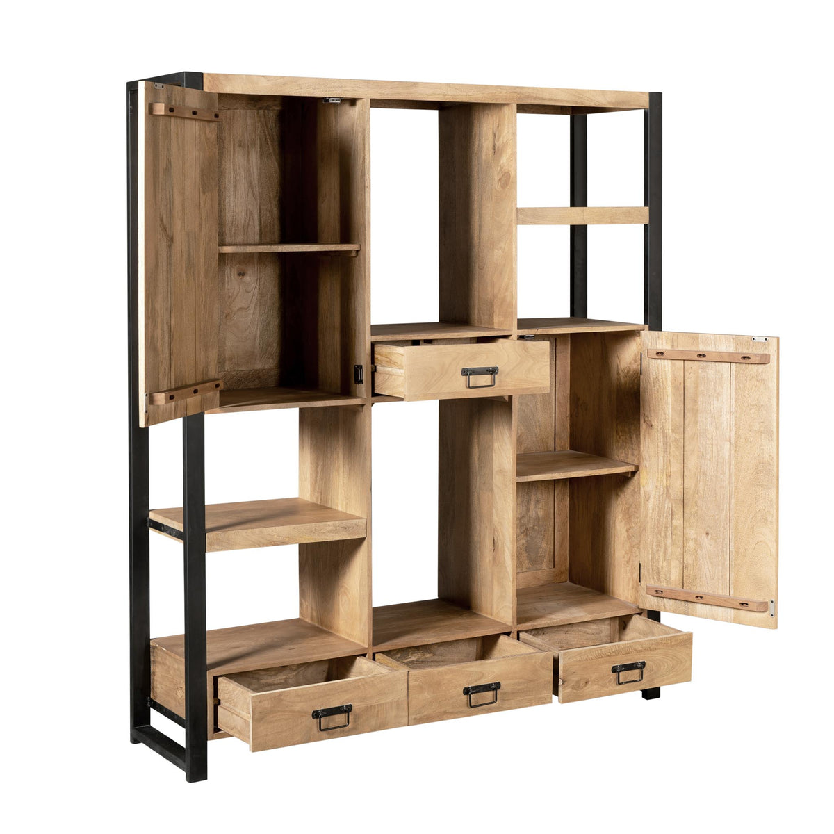 Shelf – Mango Wood Material, Black Metal Frame, Striped Wood Design – Britt | Starfurn