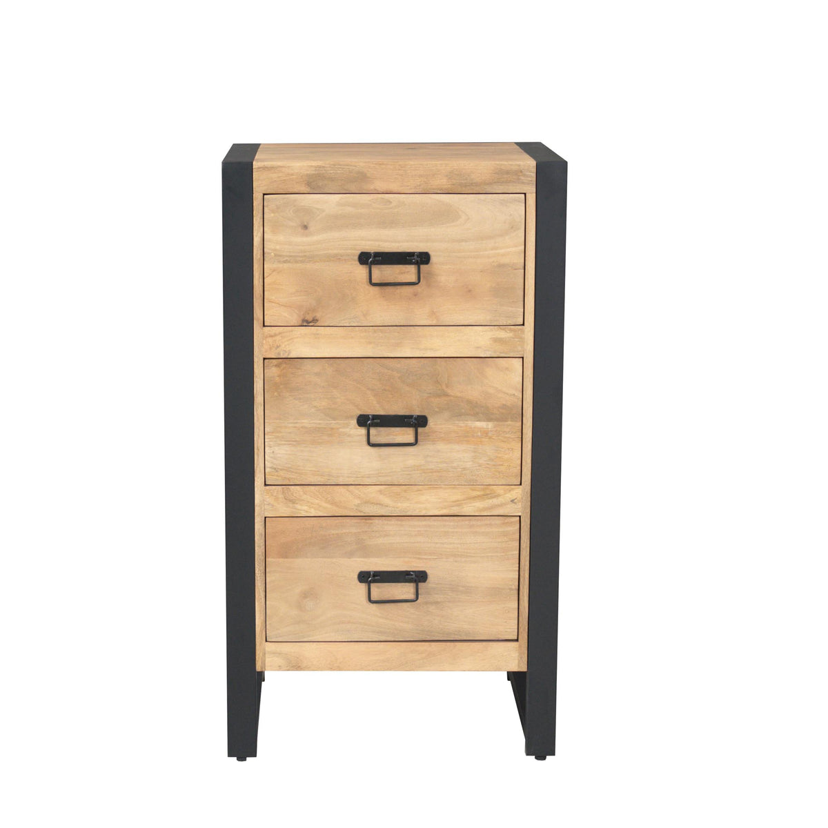 Cabinet – Mango Wood Material, Black Metal Accents, Three-Drawer Design – Britt | Starfurn