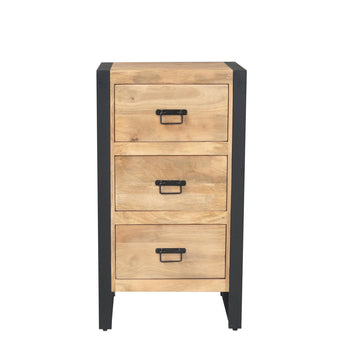 Schrank – Mangoholz Material, Schwarze Metallakzente, Dreischubladen Design – Britt | Starfurn
