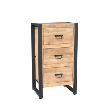 Schrank – Mangoholz Material, Schwarze Metallakzente, Dreischubladen Design – Britt | Starfurn