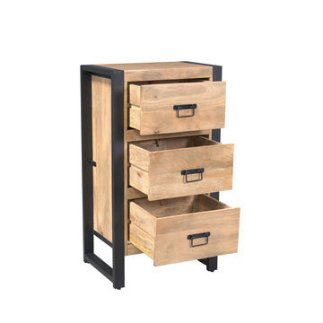 Schrank – Mangoholz Material, Schwarze Metallakzente, Dreischubladen Design – Britt | Starfurn