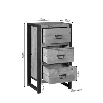 Schrank – Mangoholz Material, Schwarze Metallakzente, Dreischubladen Design – Britt | Starfurn