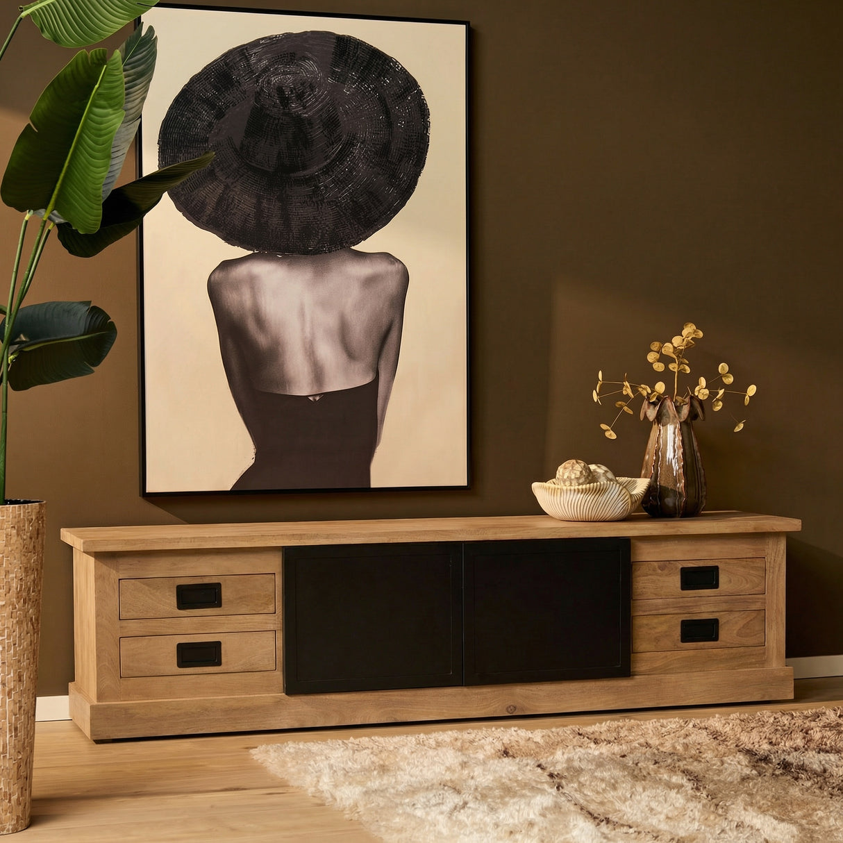 TV Unit – Mango Wood, Black Doors, Wood Strips – Noa | Starfurn