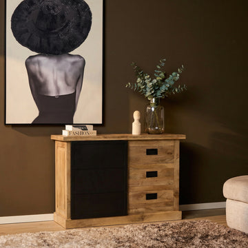 Kommode – Helles Mangoholz, Schwarzes Metall, Moderne Holzintarsie – Noa | Starfurn