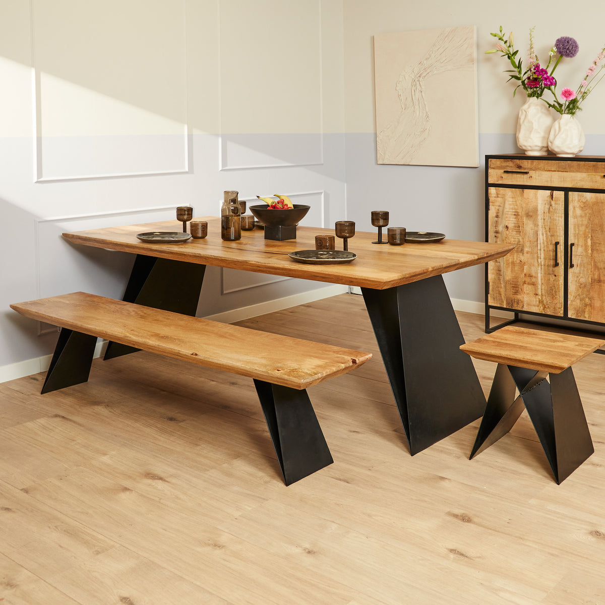 Esszimmertisch - Mangoholz Natur, Metall Schwarz, Rechteck Form, 200 cm – Extense | Starfurn