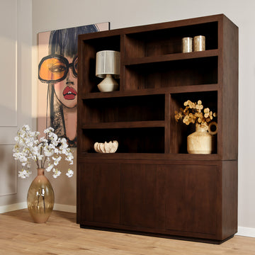 Bücherregal - Braunes Mangoholz, Offene Fächer, Grifflose Türen, XL 160 cm – Brussel | Starfurn