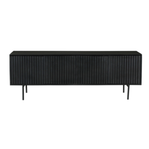 TV-Möbel - Schwarzes Mangoholz, Vertikale Lamellenfront, Schwarzes Metallgestell, 165 cm – Madison | Starfurn