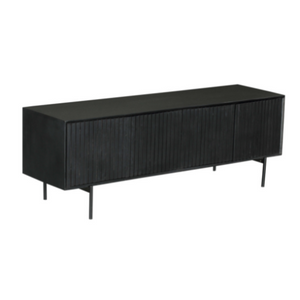 TV-Möbel - Schwarzes Mangoholz, Vertikale Lamellenfront, Schwarzes Metallgestell, 165 cm – Madison | Starfurn