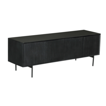 TV-Möbel - Schwarzes Mangoholz, Vertikale Lamellenfront, Schwarzes Metallgestell, 165 cm – Madison | Starfurn