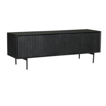 TV-Möbel - Schwarzes Mangoholz, Vertikale Lamellenfront, Schwarzes Metallgestell, 165 cm – Madison | Starfurn