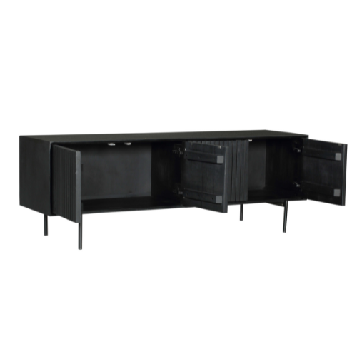 TV-Möbel - Schwarzes Mangoholz, Vertikale Lamellenfront, Schwarzes Metallgestell, 165 cm – Madison | Starfurn