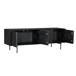 TV-Möbel - Schwarzes Mangoholz, Vertikale Lamellenfront, Schwarzes Metallgestell, 165 cm – Madison | Starfurn