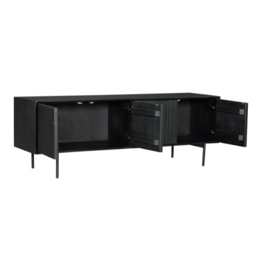 TV-Möbel - Schwarzes Mangoholz, Vertikale Lamellenfront, Schwarzes Metallgestell, 165 cm – Madison | Starfurn