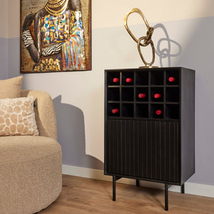 Wine Cabinet - Solid Mango Wood, Metal Frame, 15 Bottle Compartments, Drawer with Slat Pattern - Madison | Starfurn